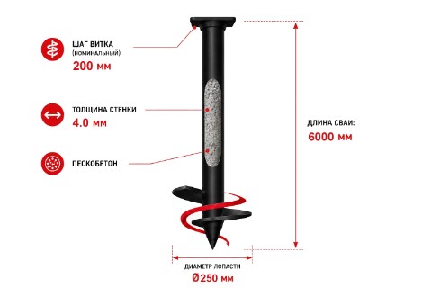 Винтовая свая SVS, труба 89 мм, лопасть 250 мм, L=6000 мм