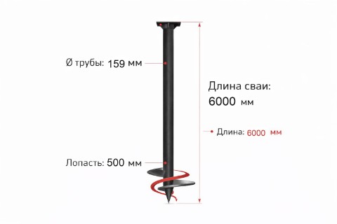 Винтовая свая SVS, труба 159 мм, лопасть 500 мм, L=6000 мм